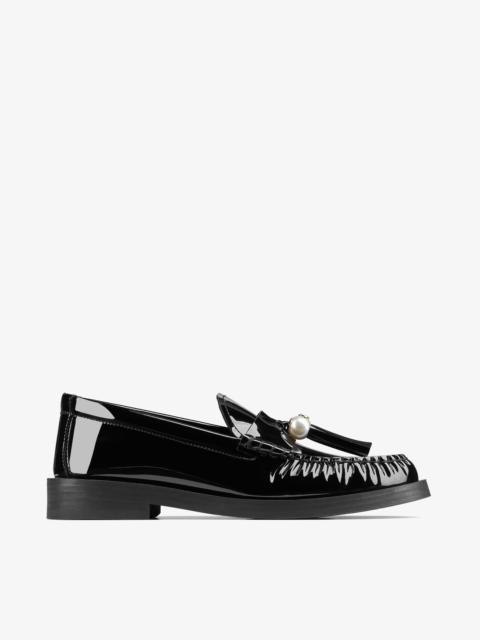 JIMMY CHOO Addie/Pearl
Black Patent Leather Flat Loafers with Pearl Tassel