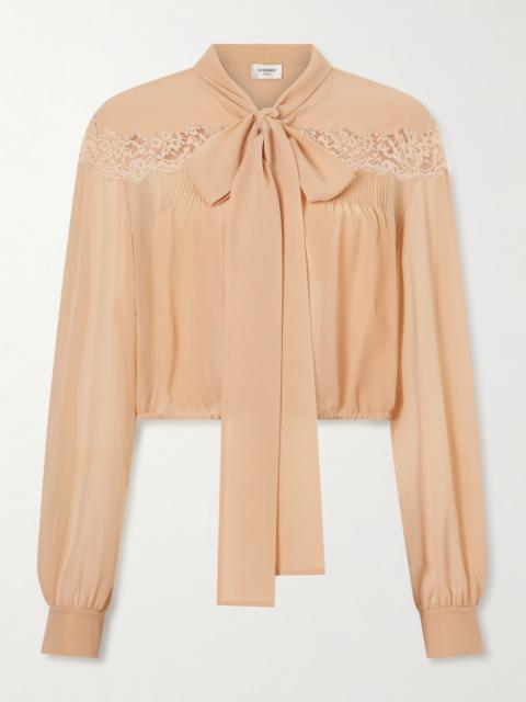 SAINT LAURENT Cropped Pussy-bow Lace-trimmed Silk-georgette Blouse