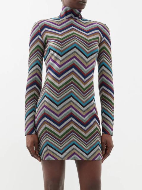 Zigzag-knit high-neck mini dress