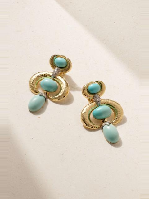 Double Crescent 18-karat gold, platinum, turquoise and diamond clip earrings