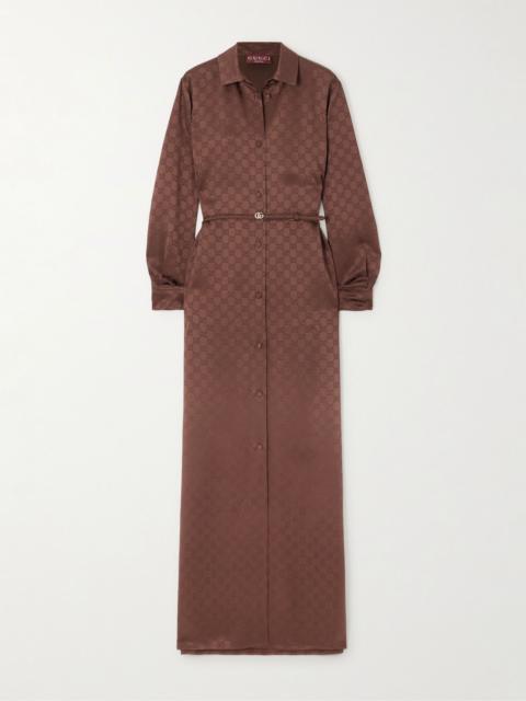 GUCCI Belted satin-jacquard maxi shirt dress Brown
