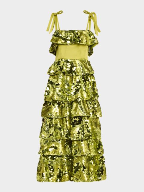 AKNVAS Asta Sequined Ruffle Midi Dress