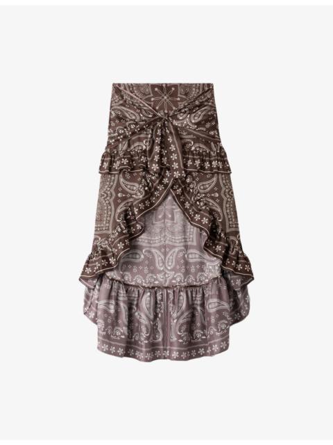 Sandro Bandana-Print Ruffled Satin Mini Skirt