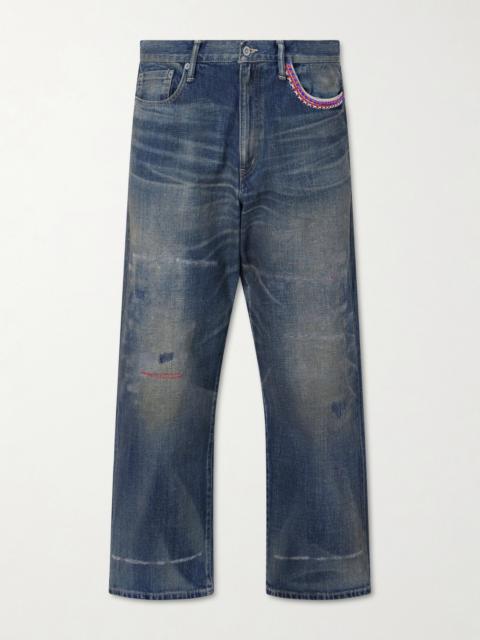 NEIGHBORHOOD Savage Wide-Leg Bead-Embellished Distressed Jeans