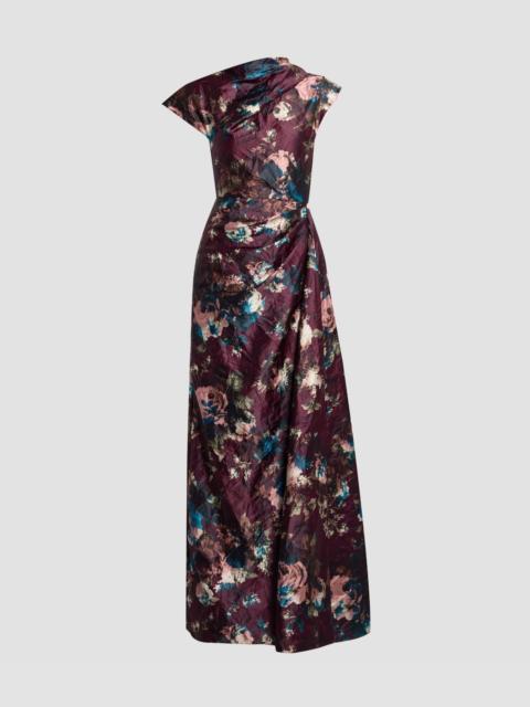 Erdem FLORAL TEXTURED SATIN SHORT SLEEVE DRAPED GOWN