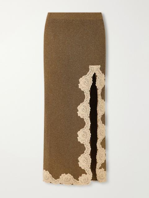 Valentino Lace-trimmed ribbed Lurex midi skirt Gold