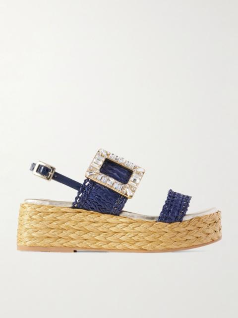 Roger Vivier 60 crystal-embellished patent-leather trimmed raffia platform espadrille sandals Blue