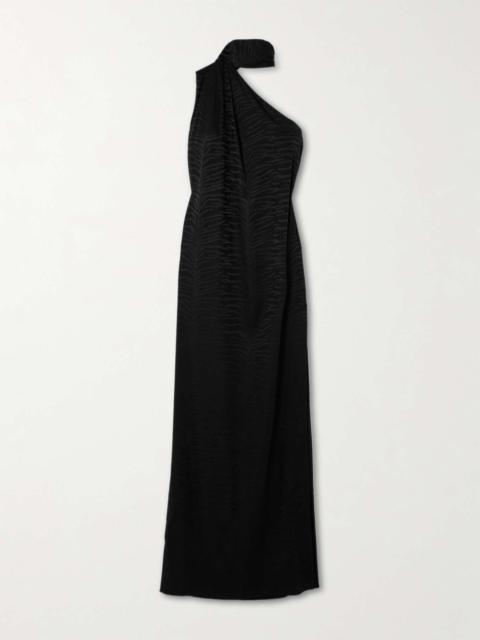 One-shoulder scarf-detailed silk-blend jacquard gown