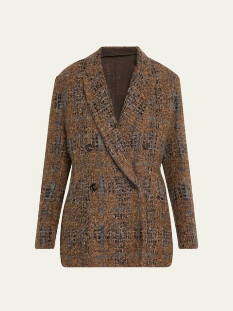 Brunello Cucinelli Tartan Organza Paillette Knit Double-Breasted Blazer