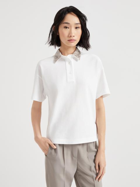 Brunello Cucinelli Cotton jersey polo shirt with dazzling net embroidery collar