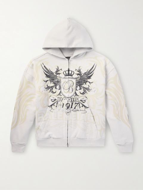 BALENCIAGA Tacky Embellished Metallic Logo-Print Cotton-Jersey Zip-Up Hoodie Off-white