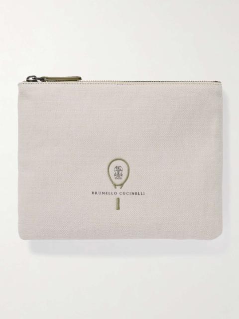 Embroidered leather-trimmed cotton and linen-blend tweed pouch