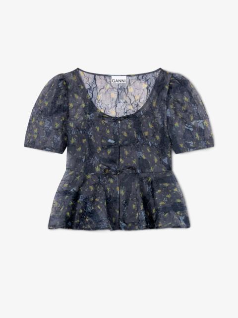 GANNI PEPLUM BLOUSE IN SHIBORI ORGANZA