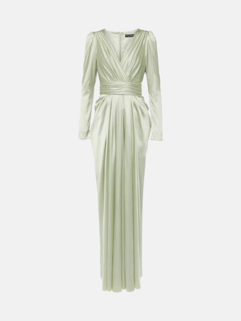 Gathered front-slit silk-blend gown