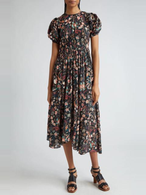 Eden Floral Puff Sleeve Cotton Blend Midi Dress