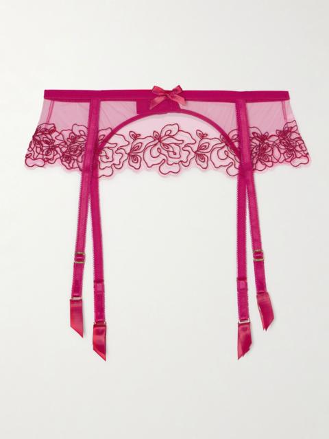 Agent Provocateur Juni embroidered satin-trimmed tulle suspender belt Red