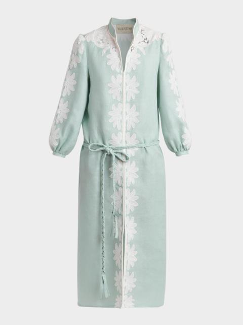 Valentino Floral Embroidered Linen Belted Midi Dress