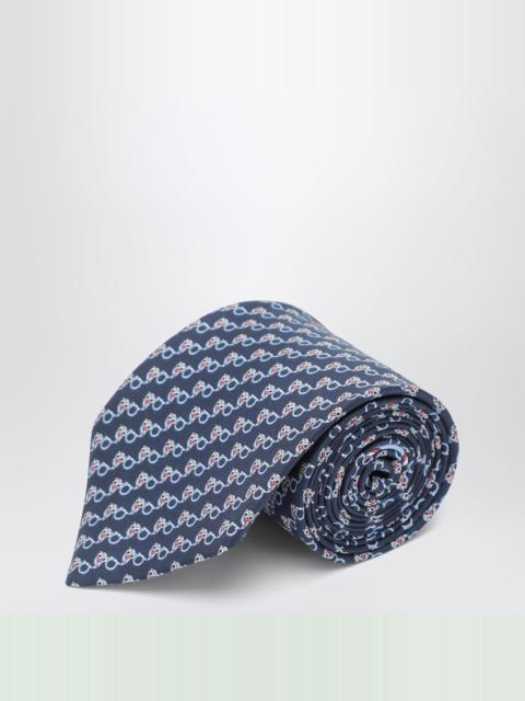 FERRAGAMO Navy silk tie with Gancini and owl print
