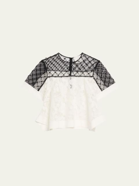 Corded Lace Organza Short-Sleeve Flounce Top