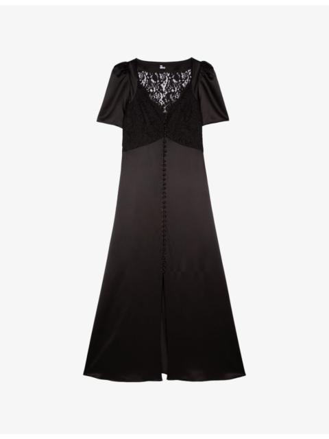 The Kooples Lace-Embroidered Puff-Sleeve Silk Maxi Dress