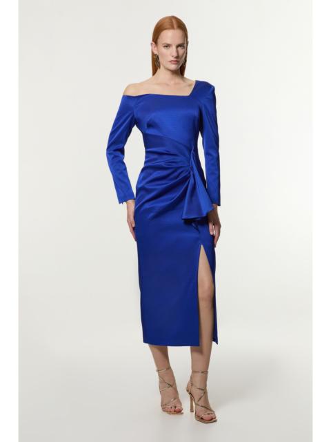KAREN MILLEN Petite Italian Structured Rib Asymmetric Neckline Draped Tailored Maxi Dress