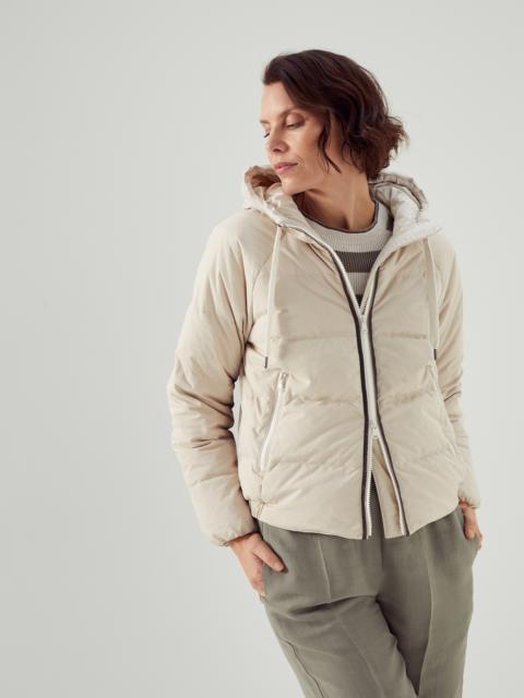 Techno canvas hooded down jacket with shiny eyelets