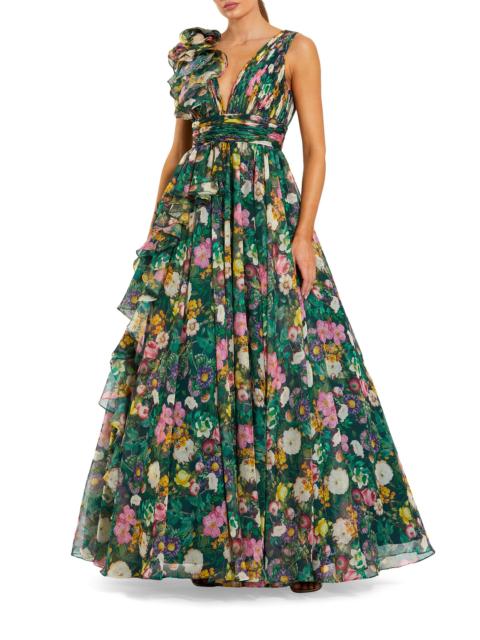 MAC DUGGAL Women's Floral Chiffon Ruffled V-Neck Gown - Deep Green Multi