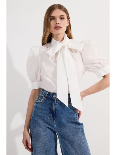 KAREN MILLEN Cotton Poplin Pussy Bow Puff Sleeve Woven Blouse