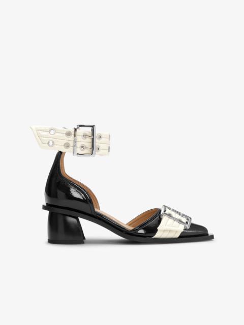 GANNI BLACK AND OFF-WHITE FEMININE BUCKLE OPEN CUT PUMPS