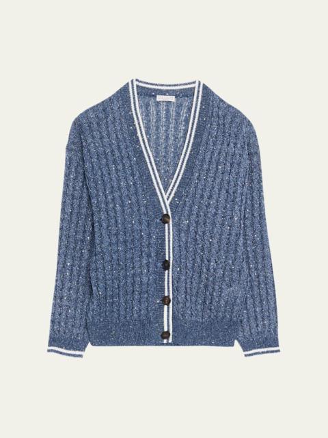 Brunello Cucinelli Linen Dazzling Cable Open-Knit V-Neck Cardigan