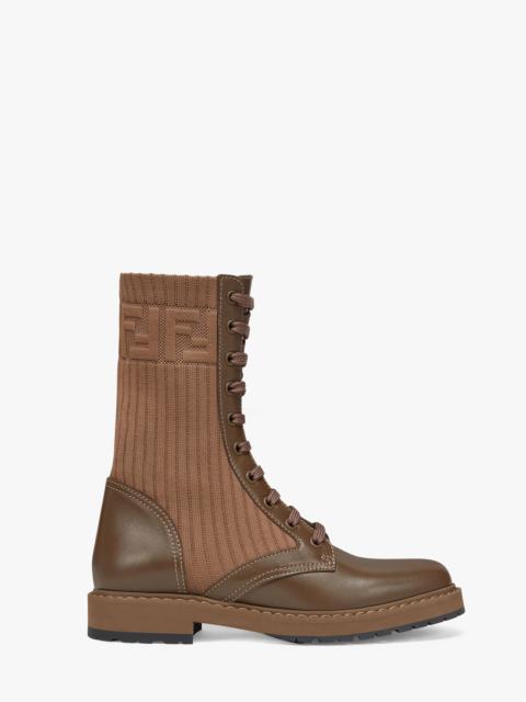 FENDI Brown leather biker boots with stretch fabric
