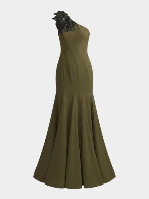 MAC DUGGAL Seamed Crepe One-Shoulder Gown