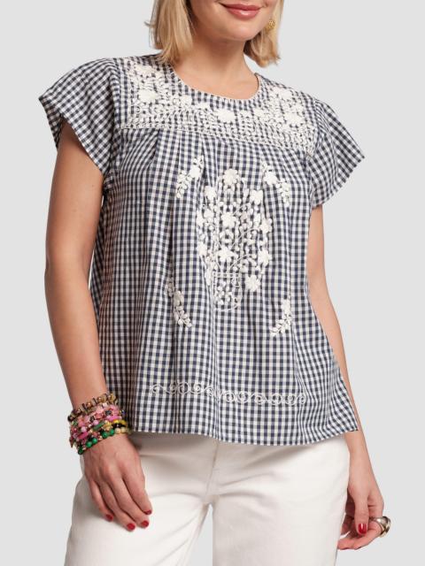FRANCES VALENTINE Women's Camila Embroidered Gingham Top - Navy Oyster