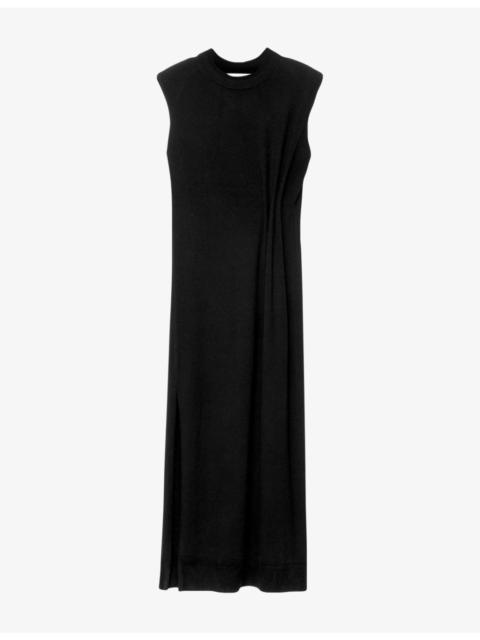 ALLSAINTS Kayla Sleeveless Padded-Shoulder Merino-Wool Midi Dress