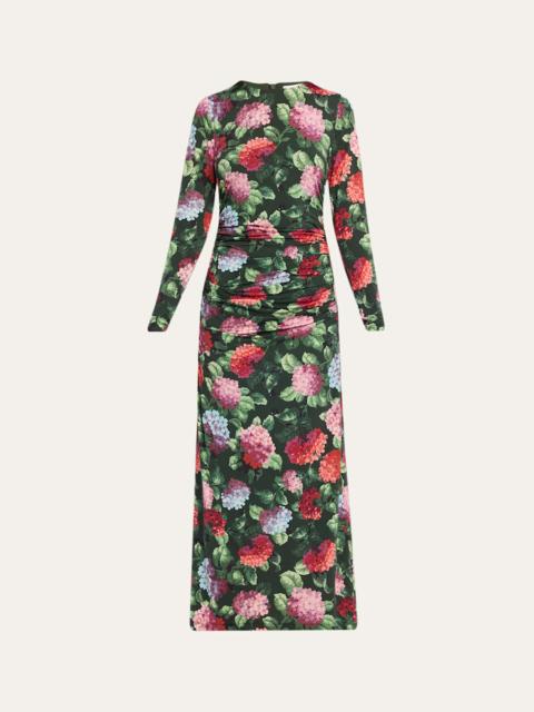 CAROLINA HERRERA Hydrangea-Print Ruched Jersey Long-Sleeve Midi Dress