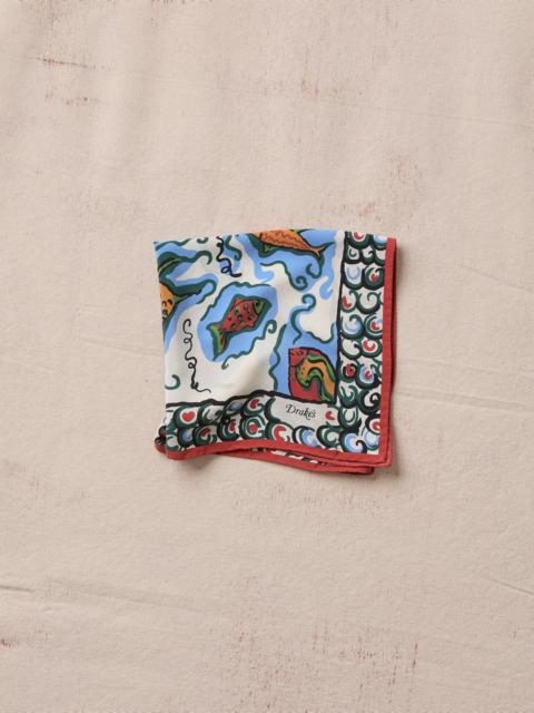 Drake's Ecru Fish Print Silk Pocket Square