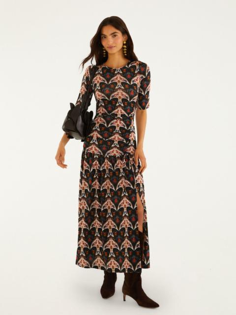 FARM RIO Black Porcelain Birds Long Sleeve Slim Maxi Dress