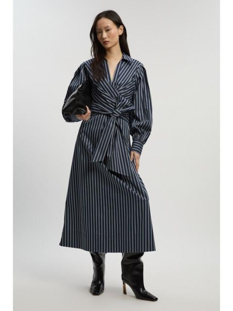KAREN MILLEN Stripe Cotton Poplin Drama Sleeve Woven Wrap Detail Shirt Dress
