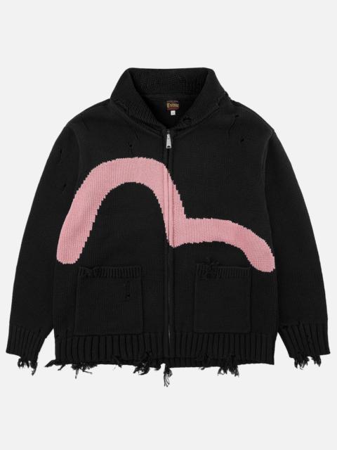 EVISU Seagull & Evisu Logo Distressed Cowichan Cardigan Jacket