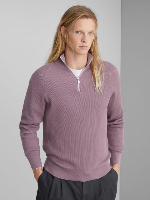 Brunello Cucinelli Cotton English rib knit sweater with half zip and raglan sleeves