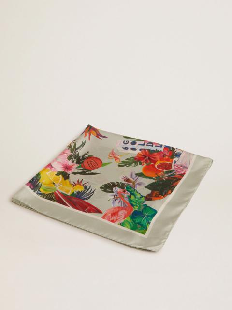 Golden Goose Mint-green silk scarf with multicolored tropical print