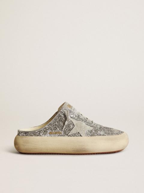 Golden Goose Space-Star Sabots in silver glitter with ice-gray suede star and tongue