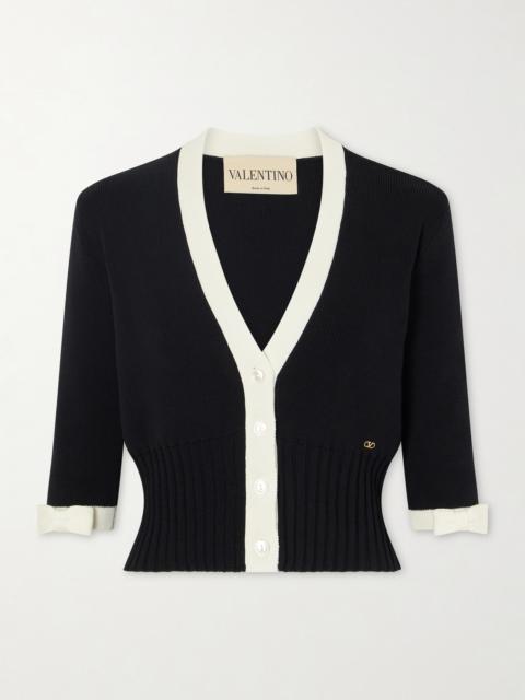Valentino Cropped Bow-embellished Two-tone Ribbed-knit Cotton Cardigan