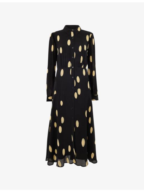 WHISTLES Polka-Dot Long-Sleeved Woven Midi Dress