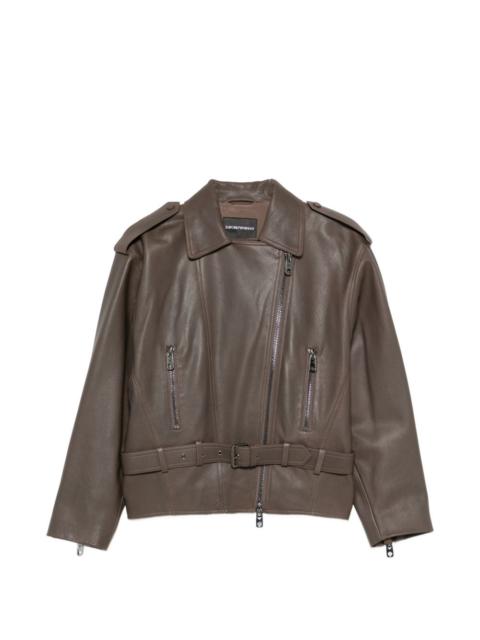 EMPORIO ARMANI belted leather biker jacket with an asymmetrical zip