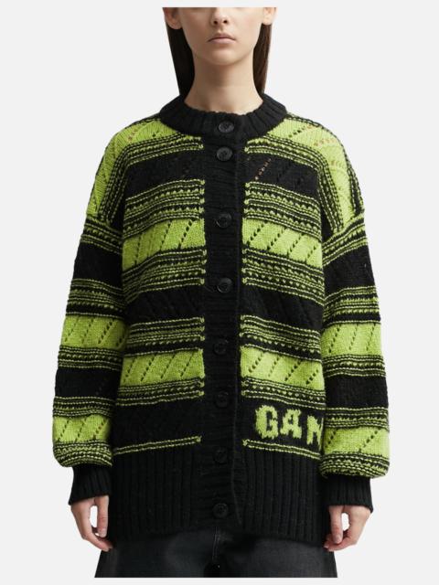 GANNI ORGANIC WOOL STRIPED CARDIGAN