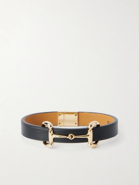 GUCCI Horsebit-Embellished Gold-Tone and Leather Bracelet Black