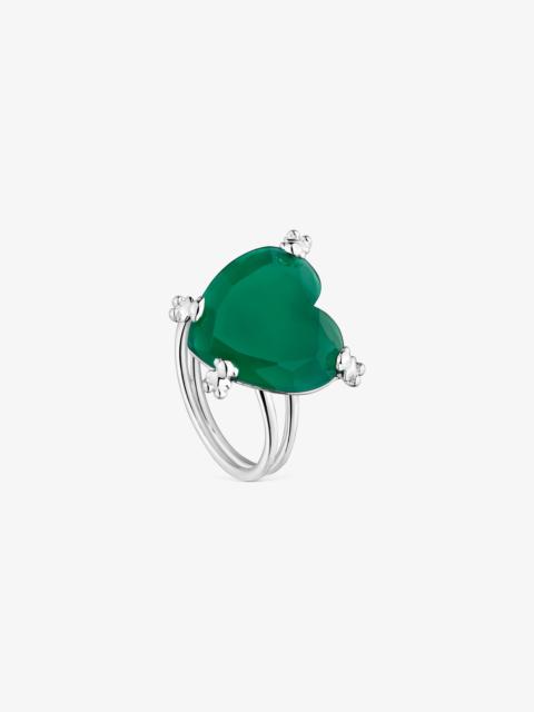 TOUS Silver Color Pills Heart ring with treated chalcedony