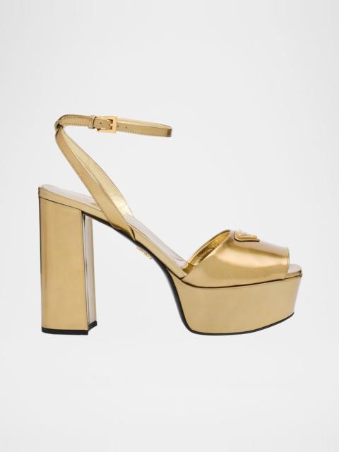 Metallic Leather Ankle-Strap Platform Sandals