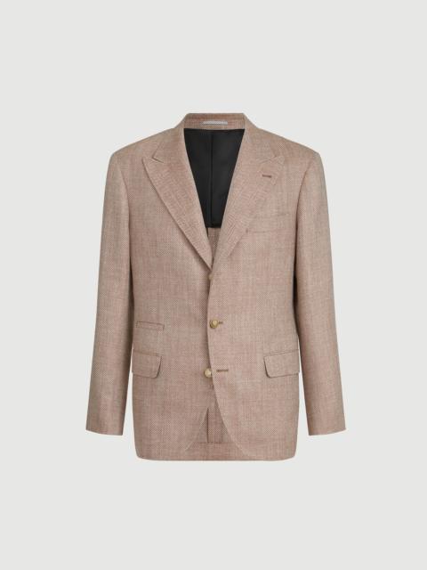 Brunello Cucinelli Virgin wool, silk and linen chevron deconstructed blazer with peak lapels and metal buttons